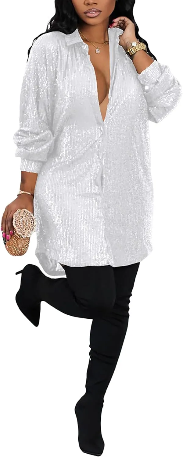 Women's Sequin Button Down Shirt Dress Long Sleeve Loose Fit Blouse Top Mini Dress Party Sexy Clubwear