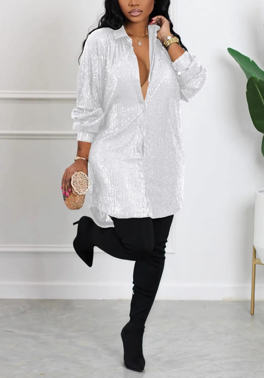 Women's Sequin Button Down Shirt Dress Long Sleeve Loose Fit Blouse Top Mini Dress Party Sexy Clubwear