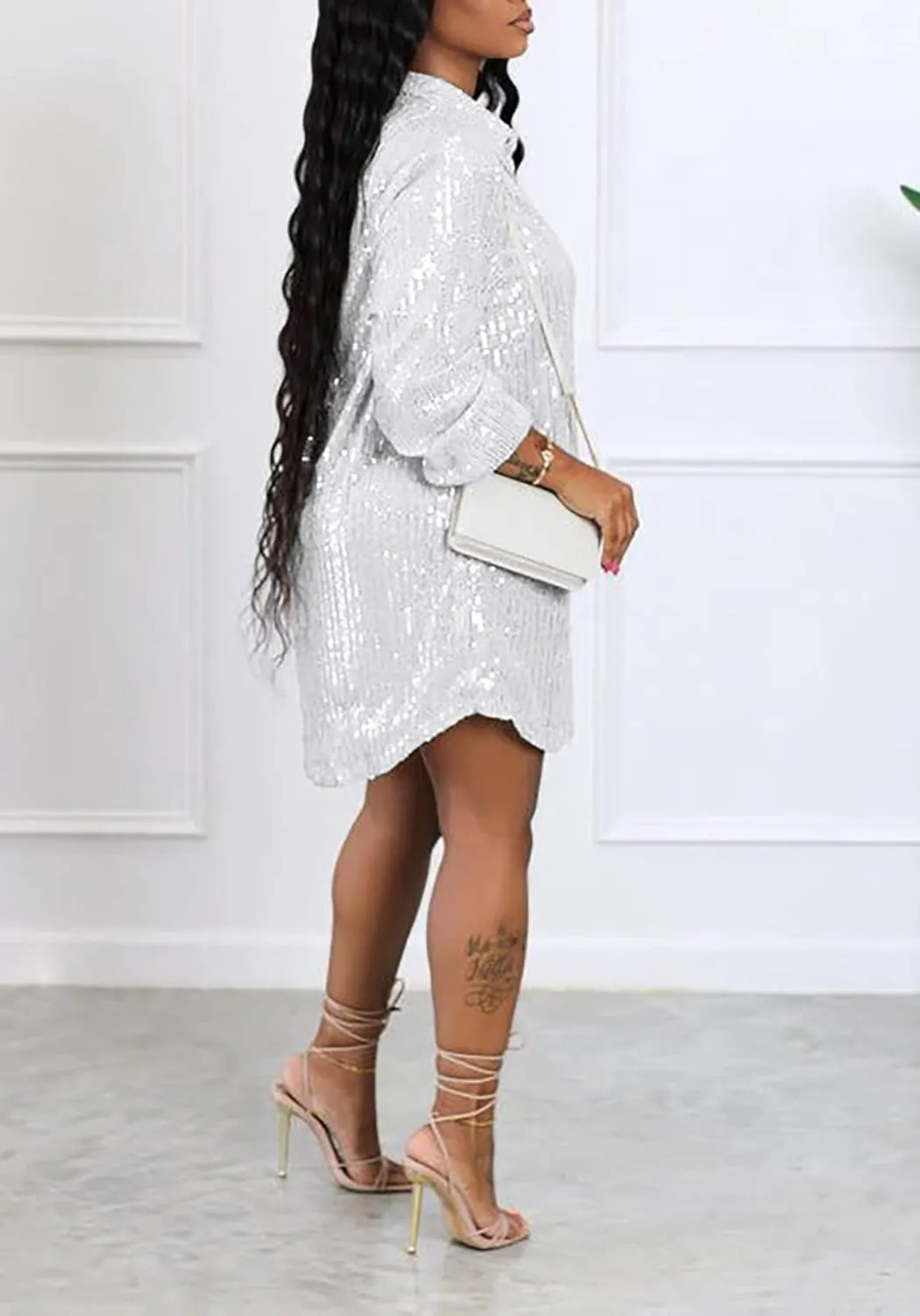 Women's Sequin Button Down Shirt Dress Long Sleeve Loose Fit Blouse Top Mini Dress Party Sexy Clubwear