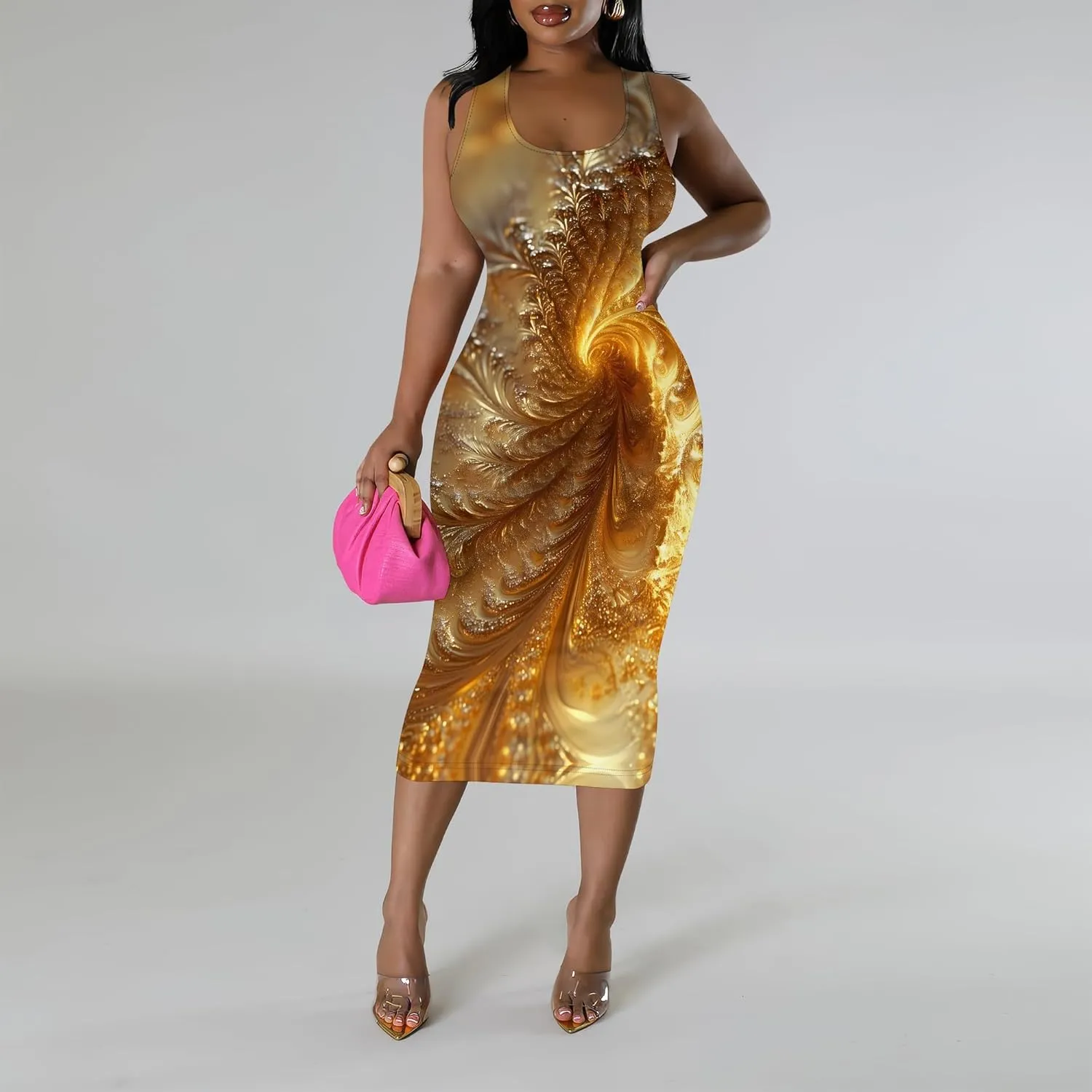 Women's Sexy Bodycon Tank Floral Print Dress Summer Pencil Sleeveless Basic Midi Dresses Party Club Beach Sundresses