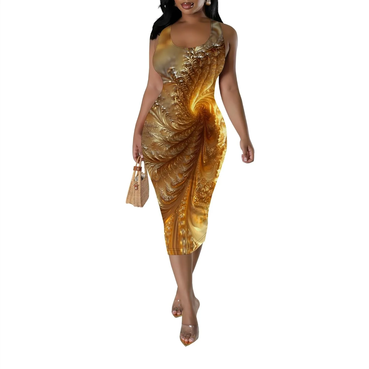 Women's Sexy Bodycon Tank Floral Print Dress Summer Pencil Sleeveless Basic Midi Dresses Party Club Beach Sundresses
