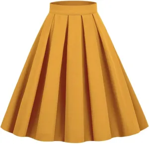 Women's Solid Color Retro 50' S Style Pleated Skirt Mid-Calf Swing Skirt