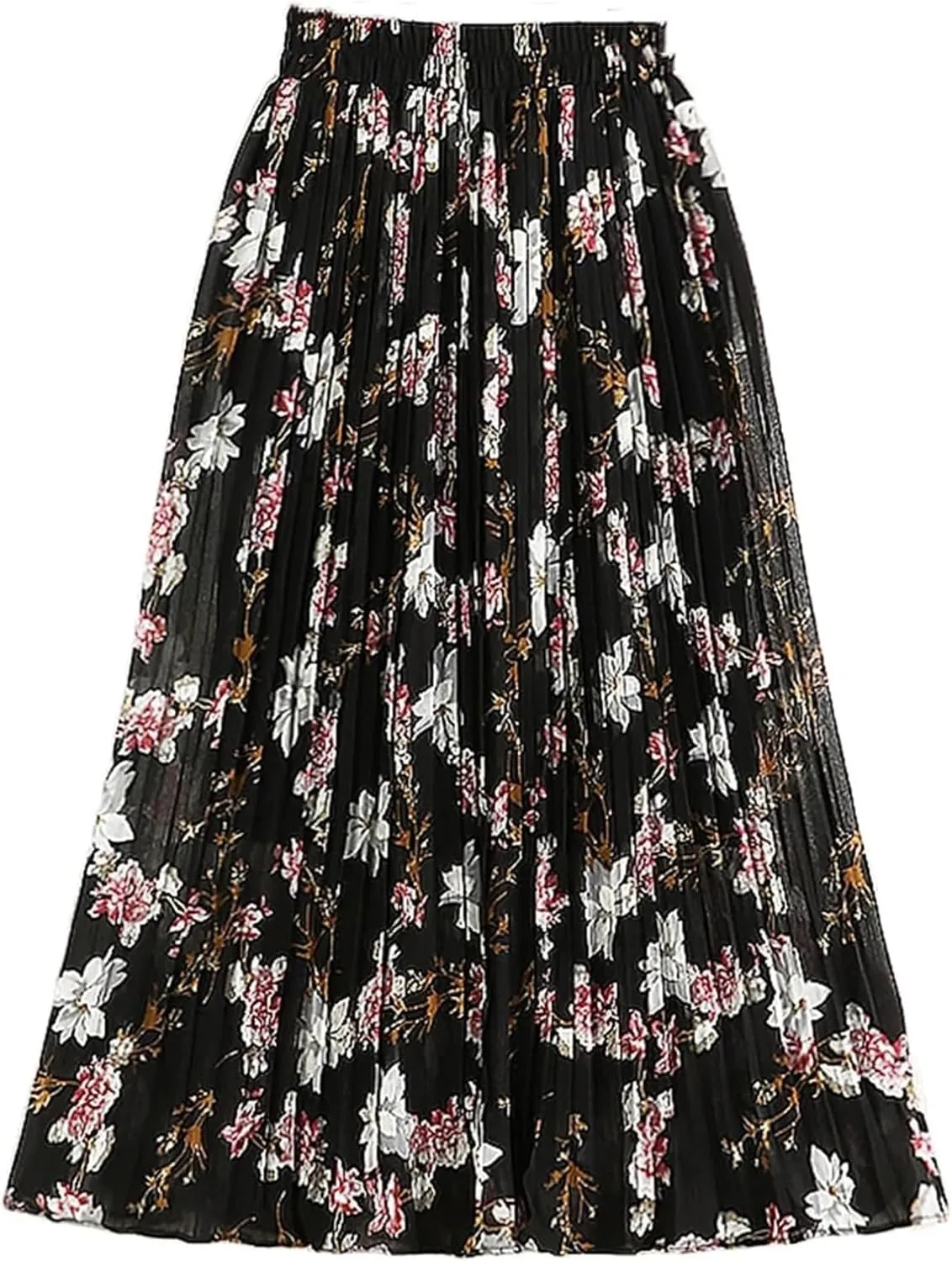 Women's Spring Summer Vintage Floral Print Pleated Skirt High Waist Beach Midi Skirts
