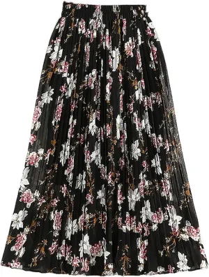 Women's Spring Summer Vintage Floral Print Pleated Skirt High Waist Beach Midi Skirts