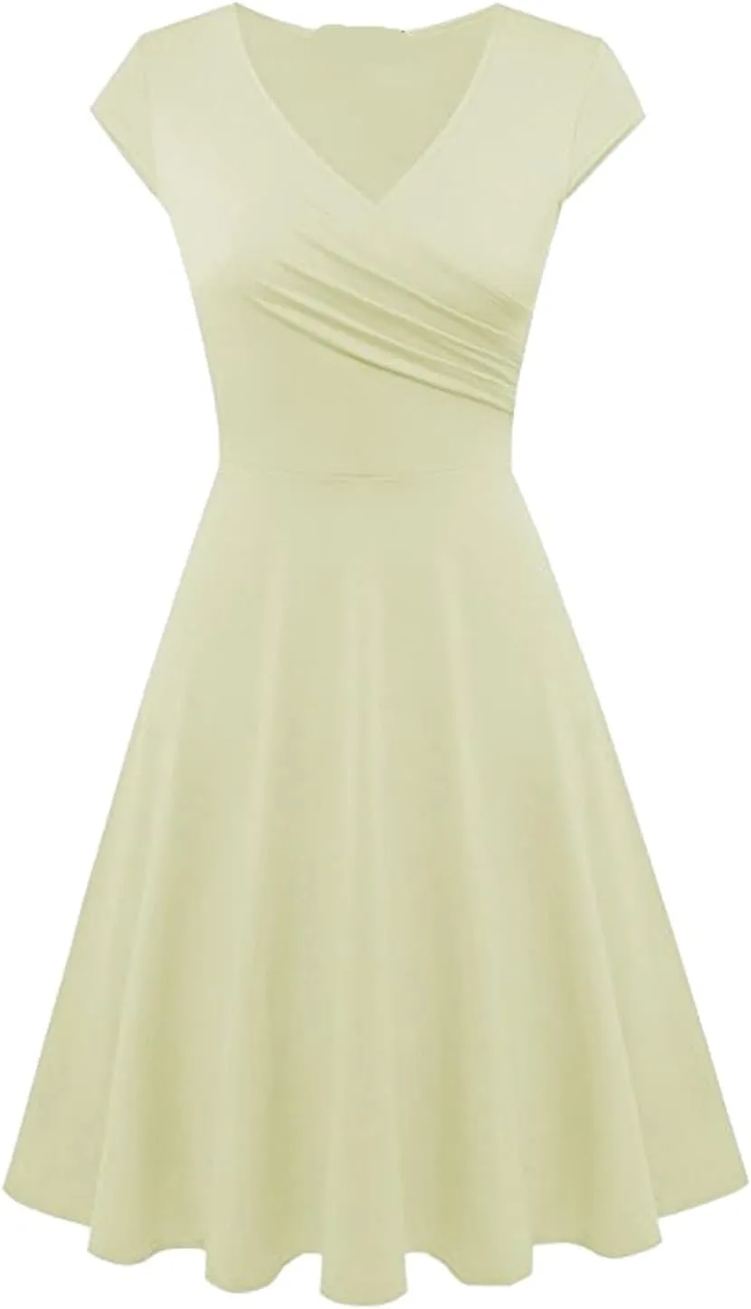 Women's Summer 1950s Vintage Dress Cocktail Swing A-Line Flared Midi Dress Wrap V Neck Cap Sleeve Slim Ruched Dresses