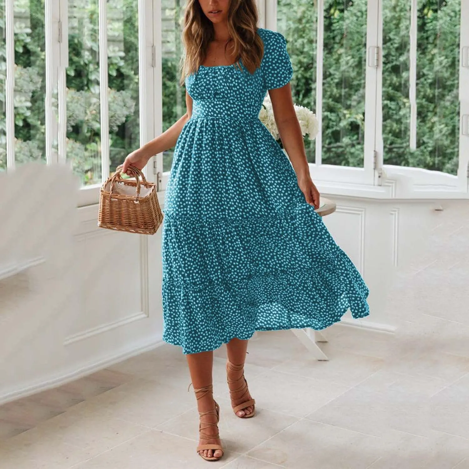 Womens Summer Casual Boho Print Dress Short Sleeve Loose Dress Tiered Flowy Long Dress Vacation Long Dress