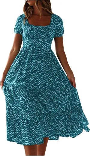 Womens Summer Casual Boho Print Dress Short Sleeve Loose Dress Tiered Flowy Long Dress Vacation Long Dress