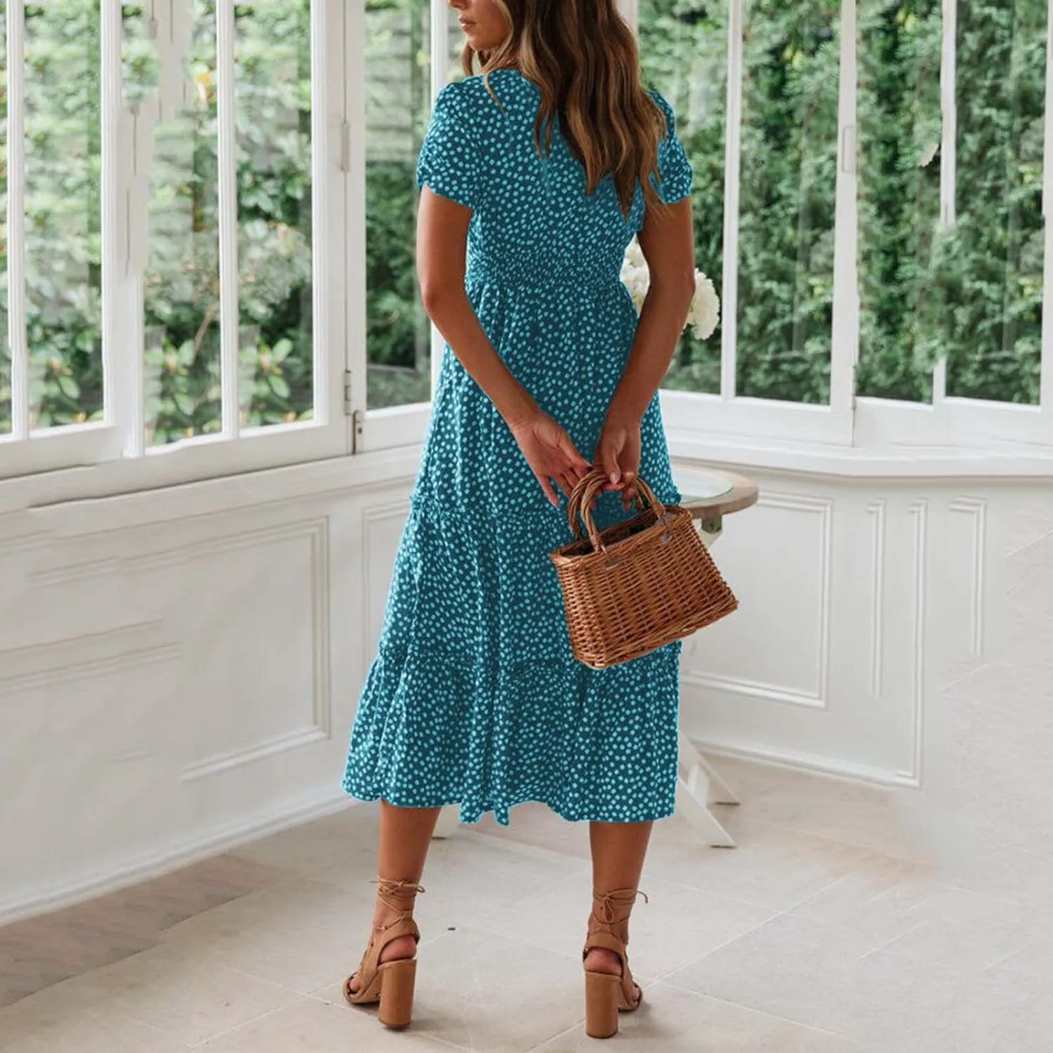 Womens Summer Casual Boho Print Dress Short Sleeve Loose Dress Tiered Flowy Long Dress Vacation Long Dress