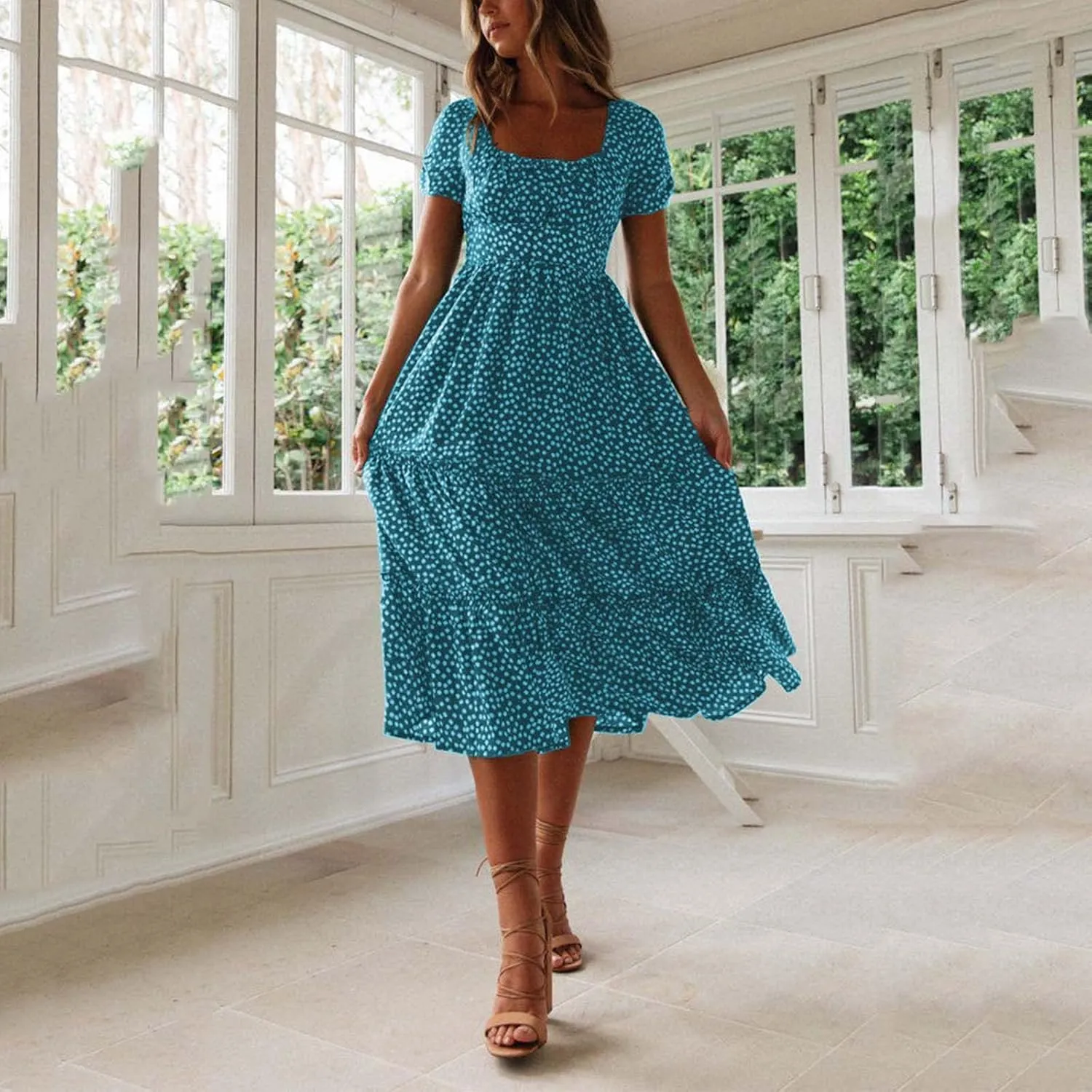 Womens Summer Casual Boho Print Dress Short Sleeve Loose Dress Tiered Flowy Long Dress Vacation Long Dress