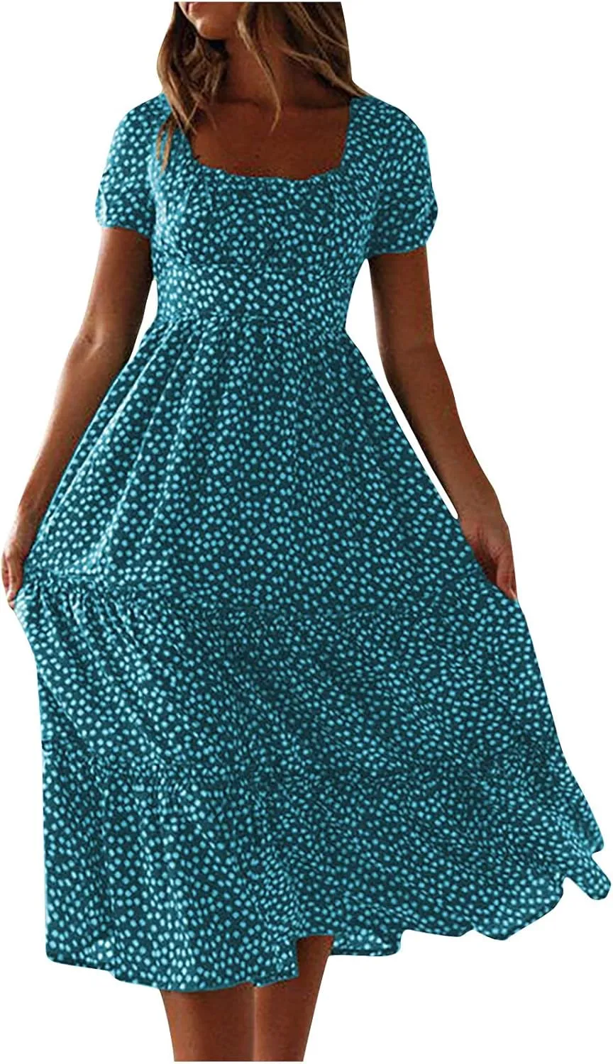 Womens Summer Casual Boho Print Dress Short Sleeve Loose Dress Tiered Flowy Long Dress Vacation Long Dress