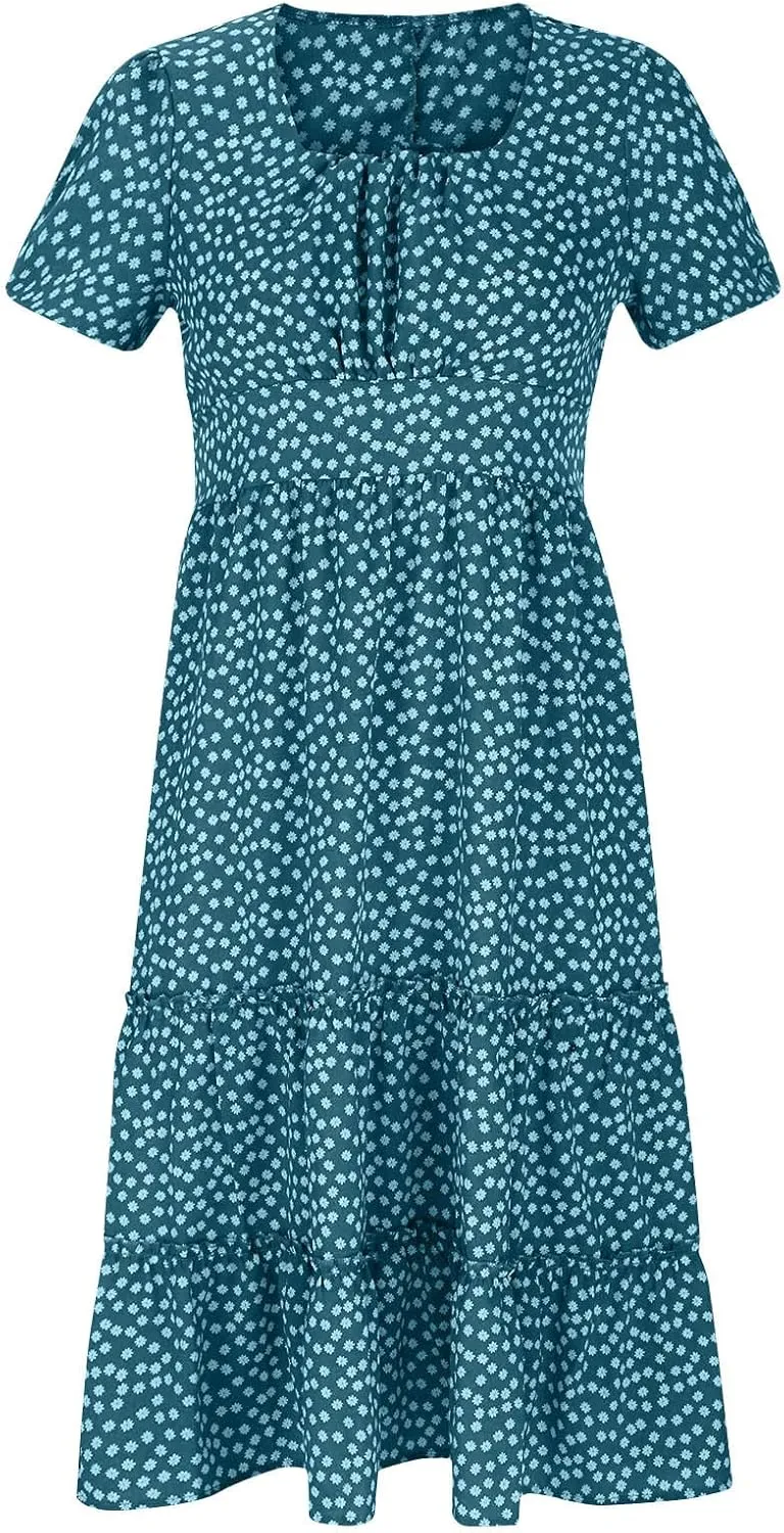 Womens Summer Casual Boho Print Dress Short Sleeve Loose Dress Tiered Flowy Long Dress Vacation Long Dress