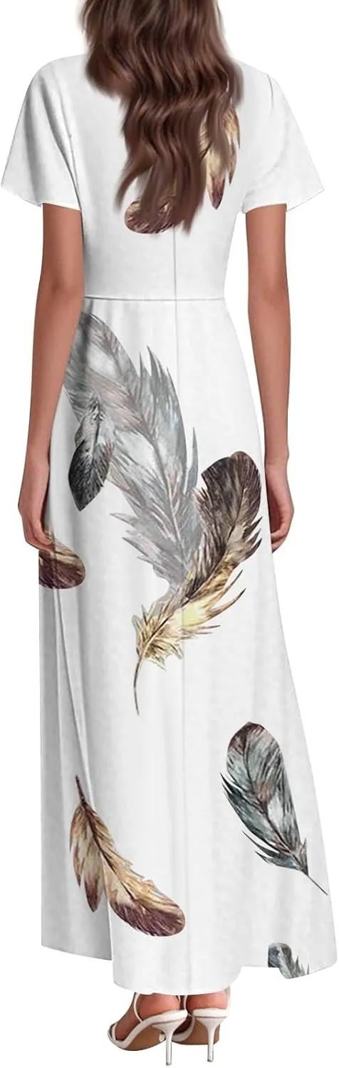 Womens Summer Casual Chiffon Maxi Dresses Flowy Short Sleeve High Waisted A Line Dress Beach Trendy V Neck Dresses