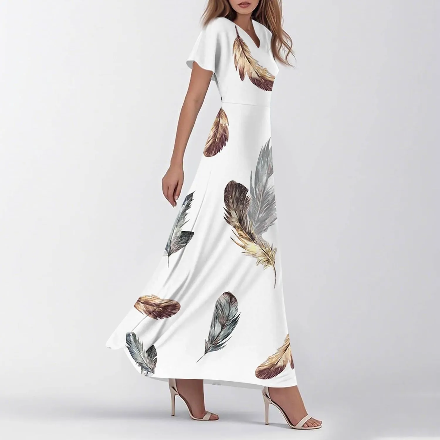 Womens Summer Casual Chiffon Maxi Dresses Flowy Short Sleeve High Waisted A Line Dress Beach Trendy V Neck Dresses