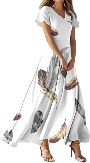 Womens Summer Casual Chiffon Maxi Dresses Flowy Short Sleeve High Waisted A Line Dress Beach Trendy V Neck Dresses