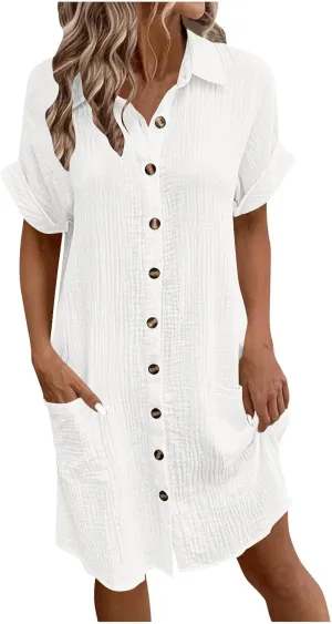 Women's Summer Cotton Shirt Dress Short Sleeves Button Down Knee Length Dresses Casual Loose Mini Dress with Pockets