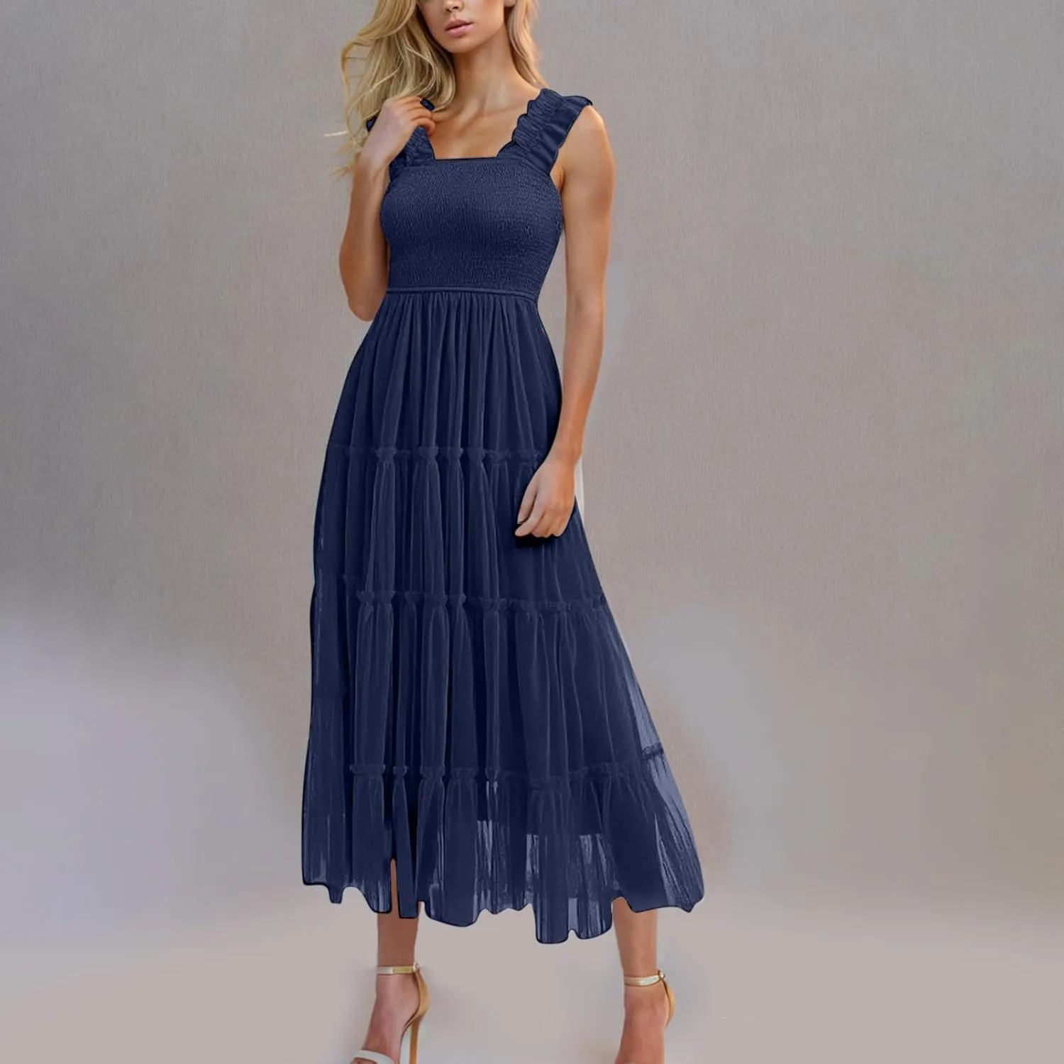 Women's Summer Dress Midi Tulle Dress Sleeveless Smocked Square Neck Ruffle Flowy Party Wedding Guest Sundress 2025