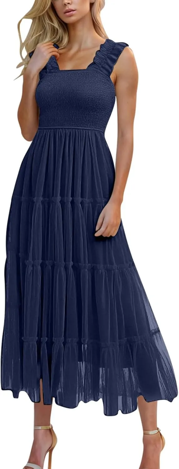 Women's Summer Dress Midi Tulle Dress Sleeveless Smocked Square Neck Ruffle Flowy Party Wedding Guest Sundress 2025