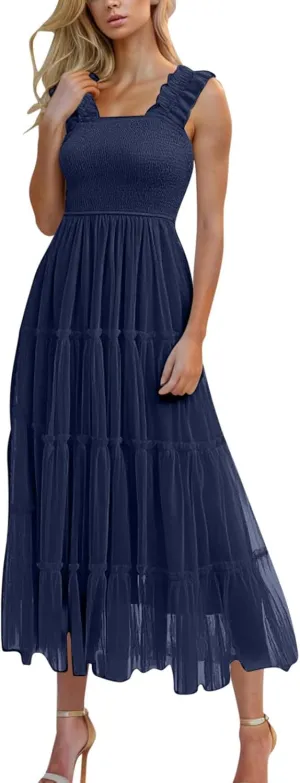 Women's Summer Dress Midi Tulle Dress Sleeveless Smocked Square Neck Ruffle Flowy Party Wedding Guest Sundress 2025