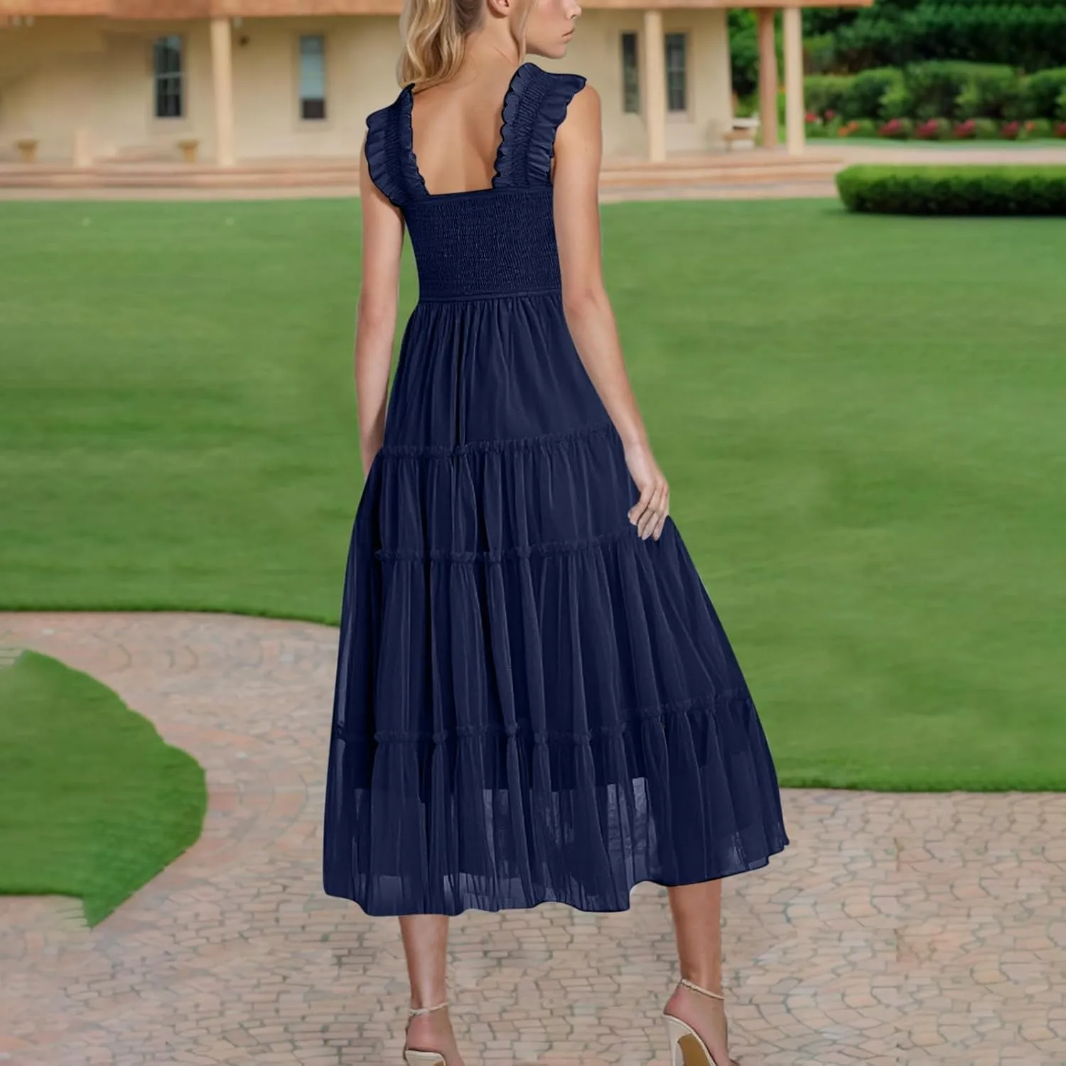 Women's Summer Dress Midi Tulle Dress Sleeveless Smocked Square Neck Ruffle Flowy Party Wedding Guest Sundress 2025