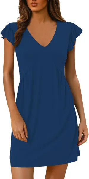 Women's Summer Dresses 2025 Beach Casual Deep V Neck Loose Sundress Ruffle Sleeve Mini Dress