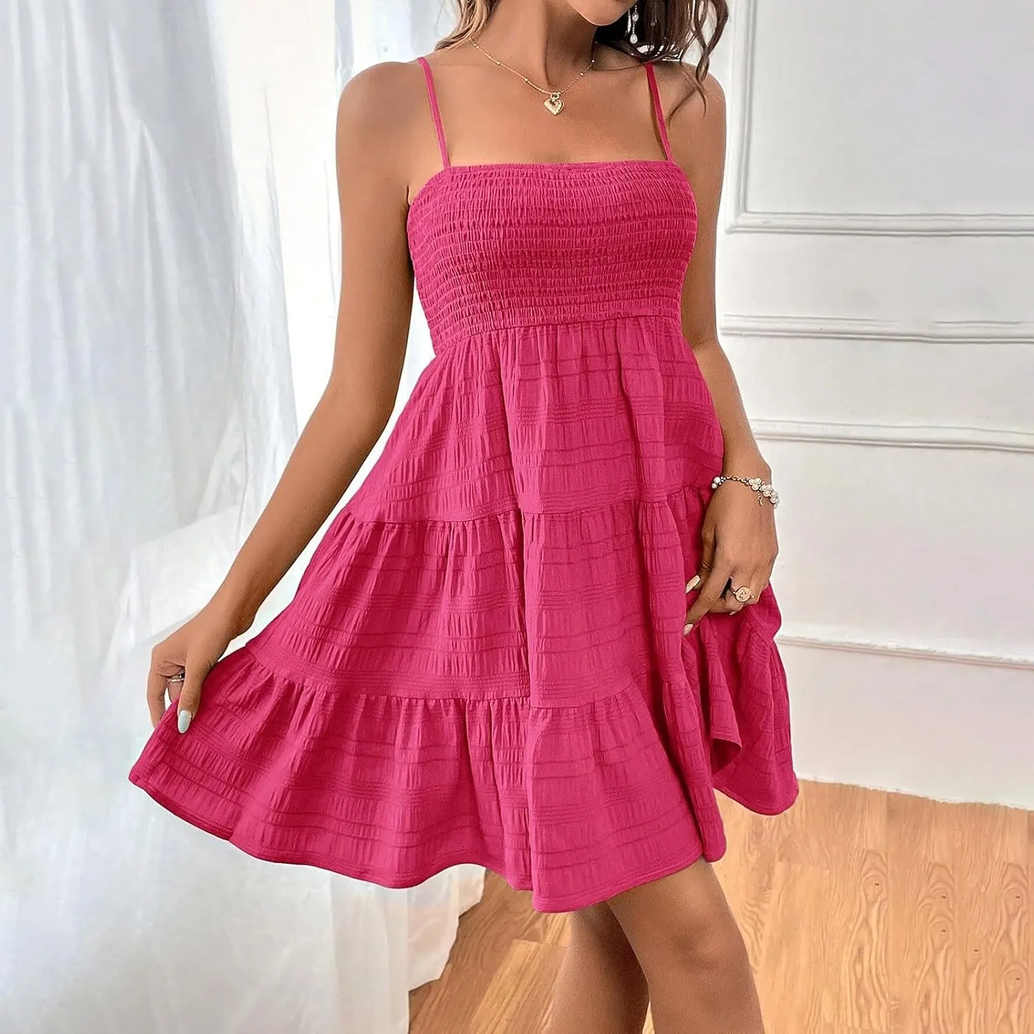 Womens Summer Dresses Casual Square Neck Sleeveless Spaghetti Strap Sundress Solid A Line Tiered Tank Beach Dress