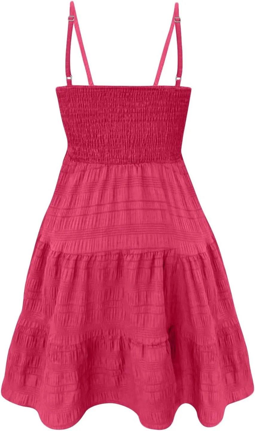 Womens Summer Dresses Casual Square Neck Sleeveless Spaghetti Strap Sundress Solid A Line Tiered Tank Beach Dress