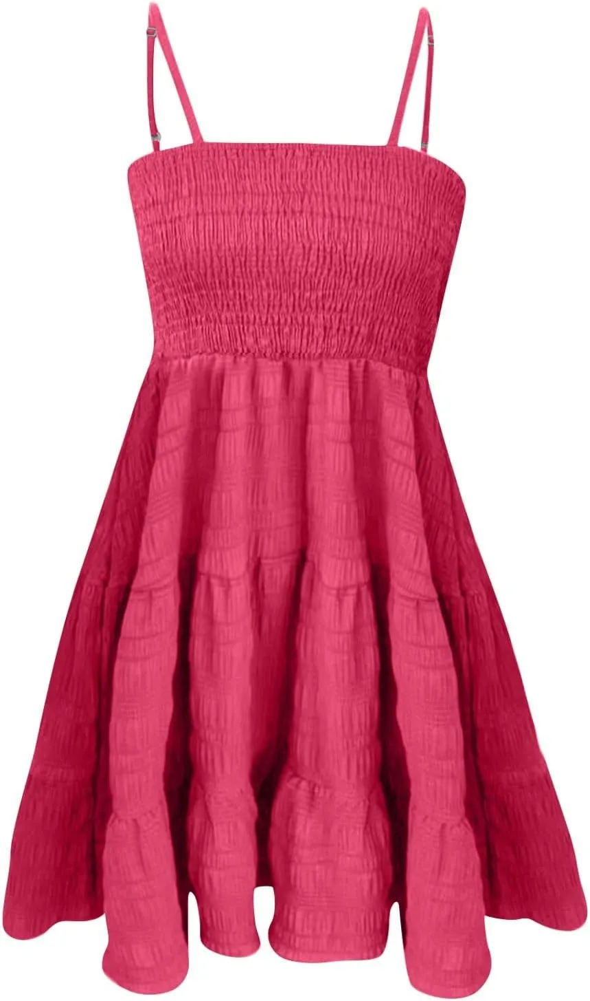 Womens Summer Dresses Casual Square Neck Sleeveless Spaghetti Strap Sundress Solid A Line Tiered Tank Beach Dress
