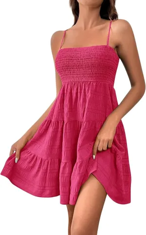 Womens Summer Dresses Casual Square Neck Sleeveless Spaghetti Strap Sundress Solid A Line Tiered Tank Beach Dress