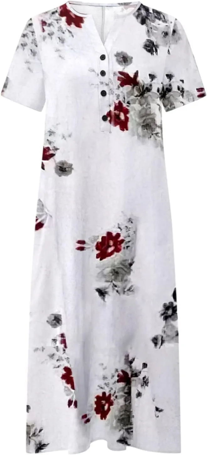 Women's Summer Short Sleeve A-Line Midi Dresses Casual Floral V Neck Button T-Shirt Dress Flowy Beach Sundress for Women