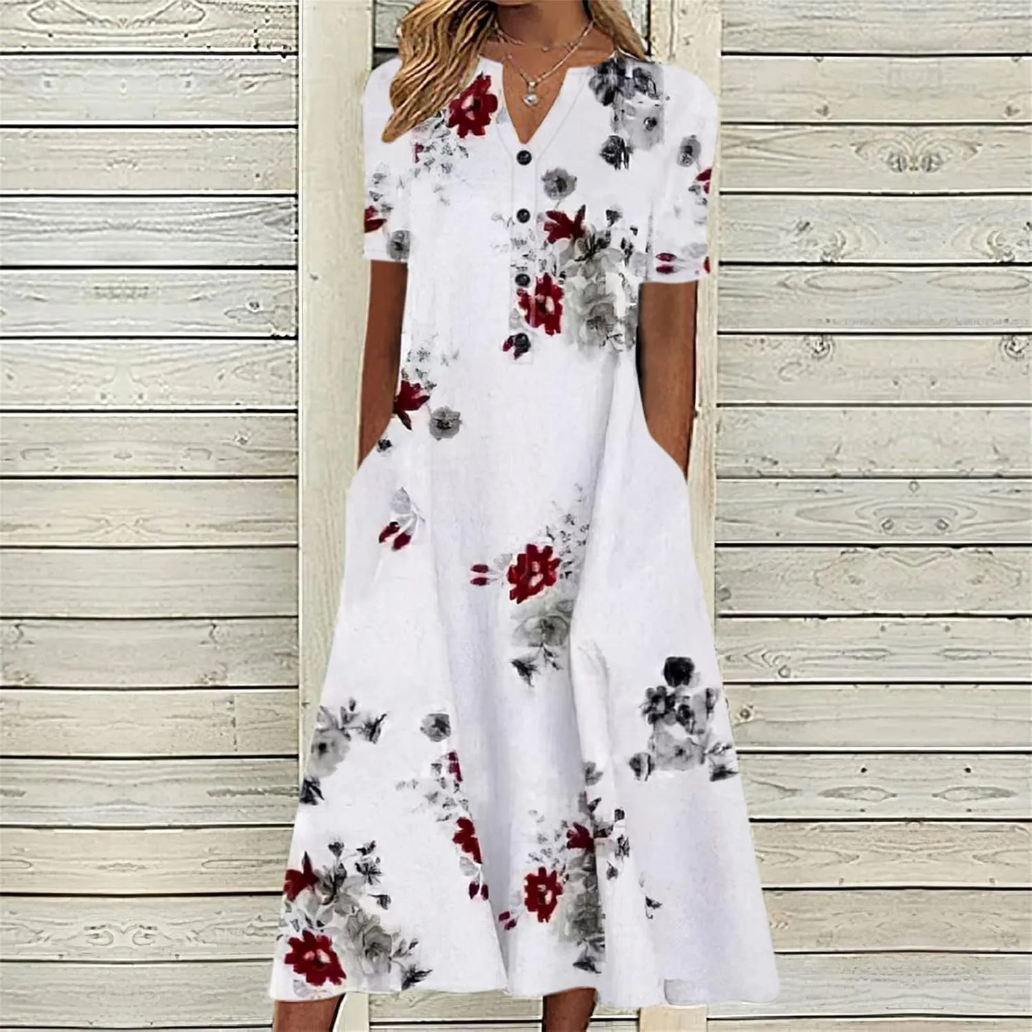 Women's Summer Short Sleeve A-Line Midi Dresses Casual Floral V Neck Button T-Shirt Dress Flowy Beach Sundress for Women