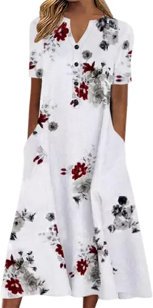 Women's Summer Short Sleeve A-Line Midi Dresses Casual Floral V Neck Button T-Shirt Dress Flowy Beach Sundress for Women