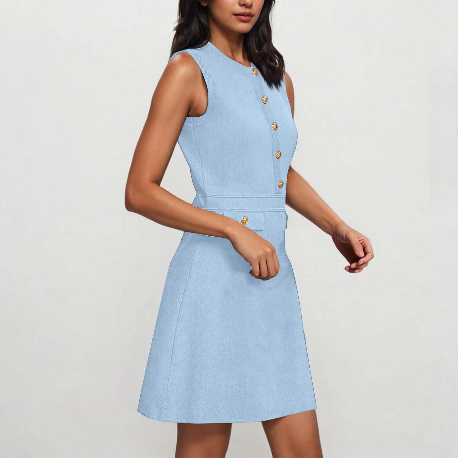 Women's Summer Sleeveless Button Crew Neck Midi Dresses Dressy Formal Wrap Dress Work Tank Sundress with Pockets