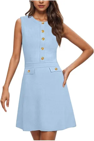 Women's Summer Sleeveless Button Crew Neck Midi Dresses Dressy Formal Wrap Dress Work Tank Sundress with Pockets