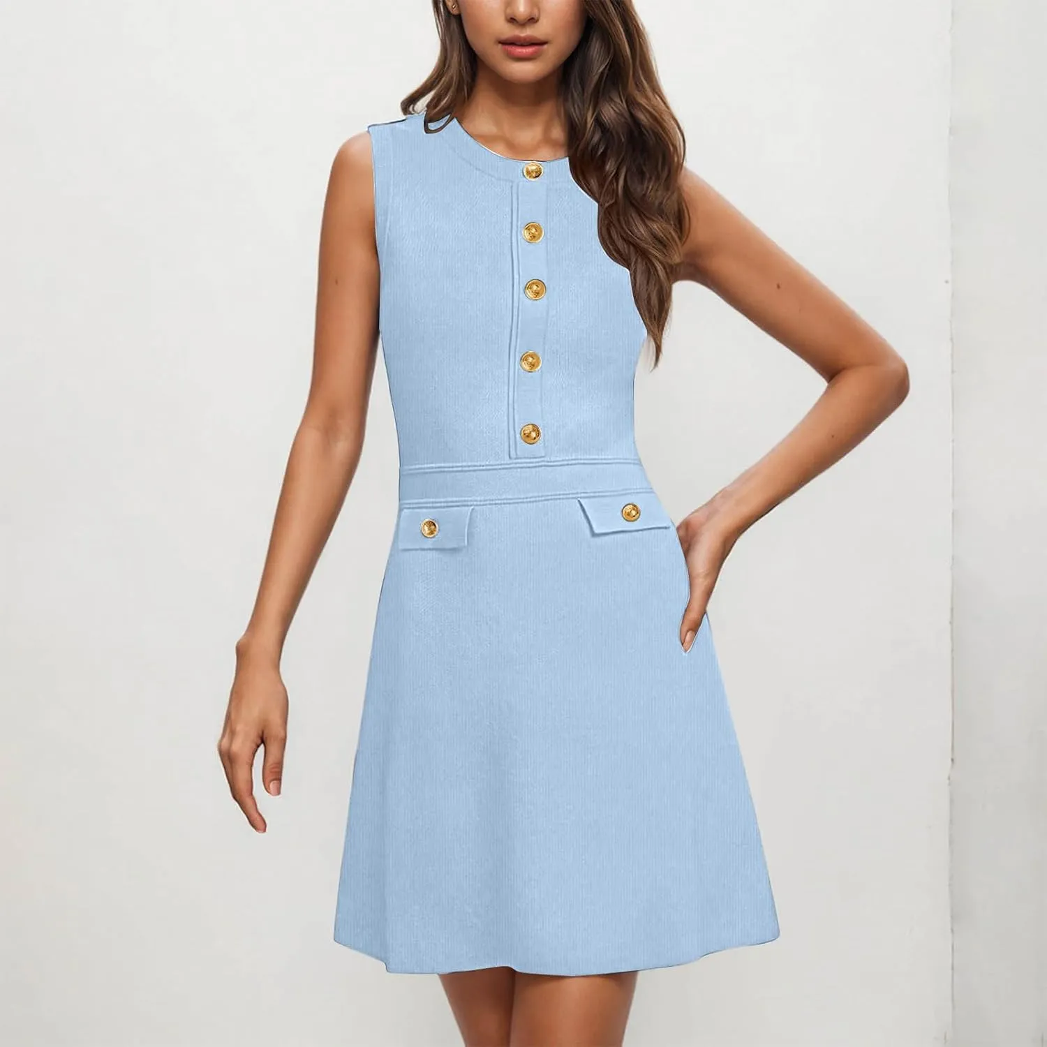 Women's Summer Sleeveless Button Crew Neck Midi Dresses Dressy Formal Wrap Dress Work Tank Sundress with Pockets