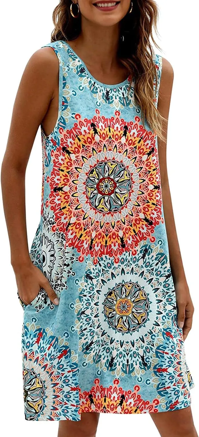 Women's Summer Sleeveless Damask Tunic Top Casual Floral Print T-Shirt Midi Dress with Pocket for Legging