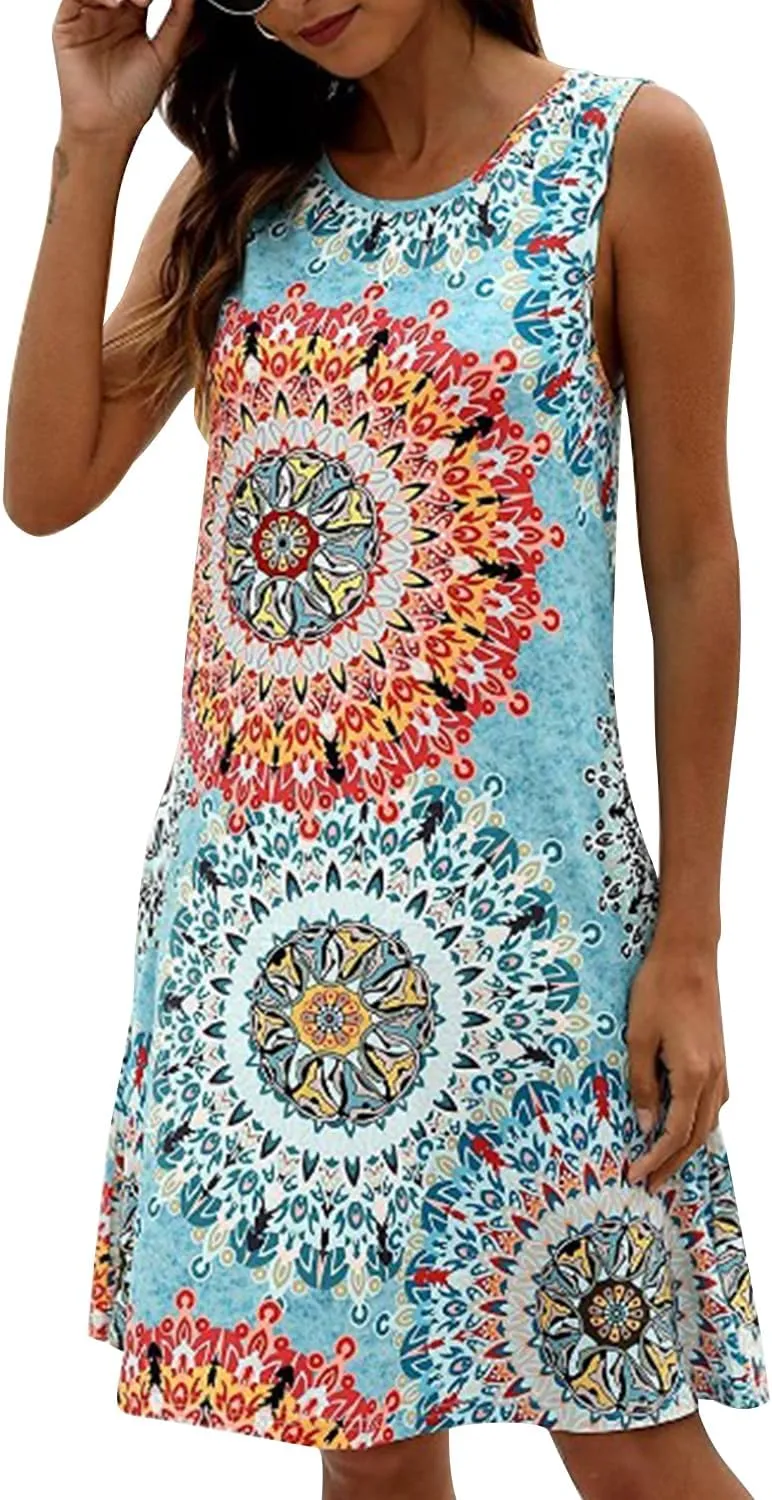 Women's Summer Sleeveless Damask Tunic Top Casual Floral Print T-Shirt Midi Dress with Pocket for Legging