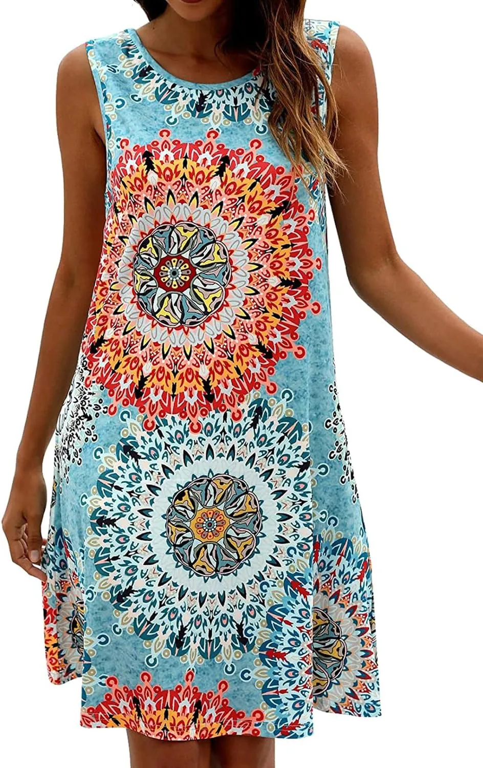 Women's Summer Sleeveless Damask Tunic Top Casual Floral Print T-Shirt Midi Dress with Pocket for Legging