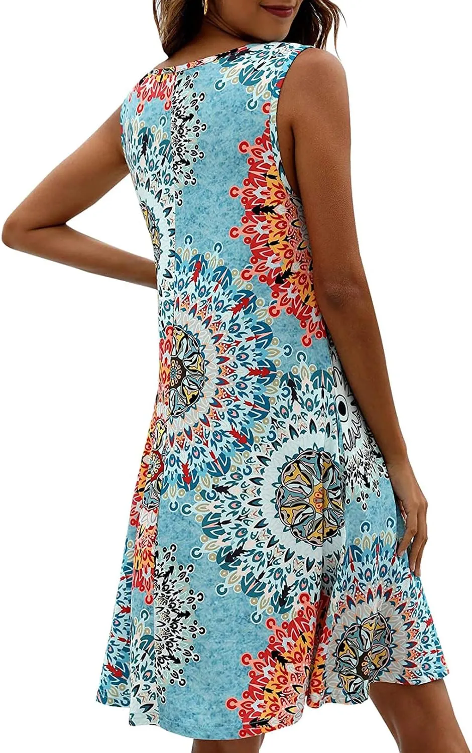 Women's Summer Sleeveless Damask Tunic Top Casual Floral Print T-Shirt Midi Dress with Pocket for Legging