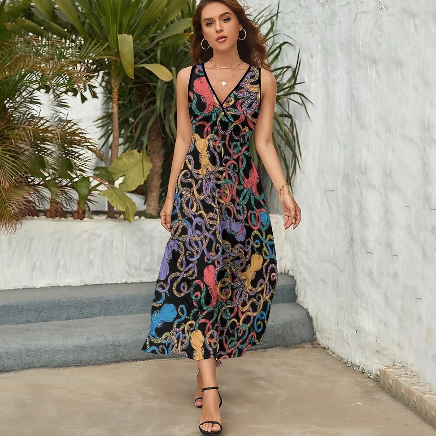 Women's Summer V Neck Sleeveless Bird Maxi Sundress Casual Flowy Beach Tank Dress