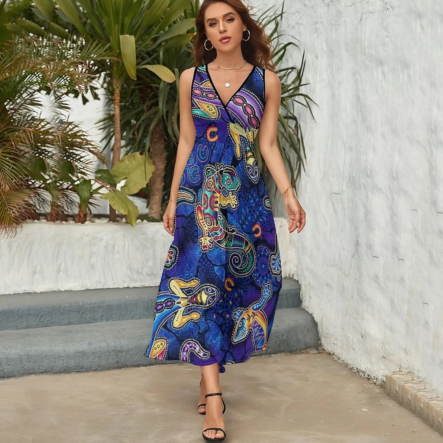 Women's Summer V Neck Sleeveless Bird Maxi Sundress Casual Flowy Beach Tank Dress