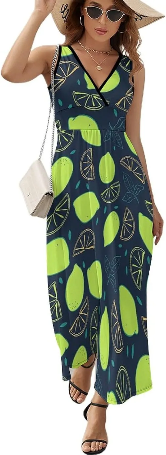 Women's Summer V Neck Sleeveless Bird Maxi Sundress Casual Flowy Beach Tank Dress