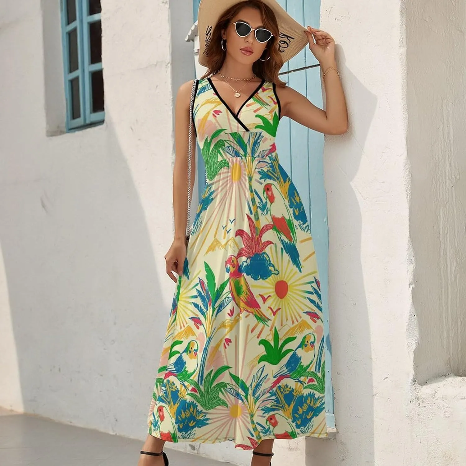 Women's Summer V Neck Sleeveless Bird Maxi Sundress Casual Flowy Beach Tank Dress