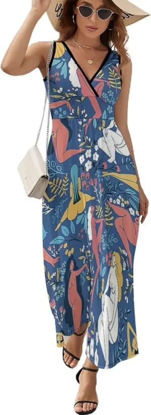 Women's Summer V Neck Sleeveless Bird Maxi Sundress Casual Flowy Beach Tank Dress