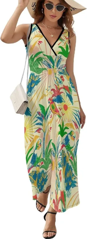 Women's Summer V Neck Sleeveless Bird Maxi Sundress Casual Flowy Beach Tank Dress