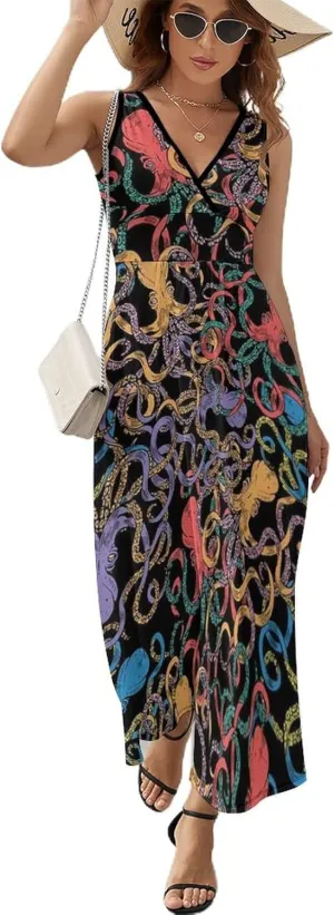 Women's Summer V Neck Sleeveless Bird Maxi Sundress Casual Flowy Beach Tank Dress