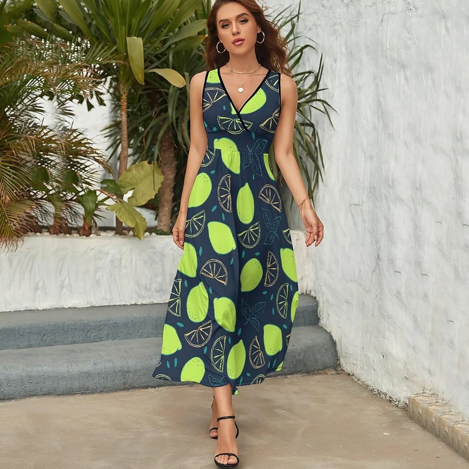 Women's Summer V Neck Sleeveless Bird Maxi Sundress Casual Flowy Beach Tank Dress