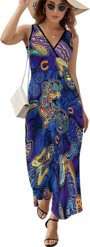 Women's Summer V Neck Sleeveless Bird Maxi Sundress Casual Flowy Beach Tank Dress