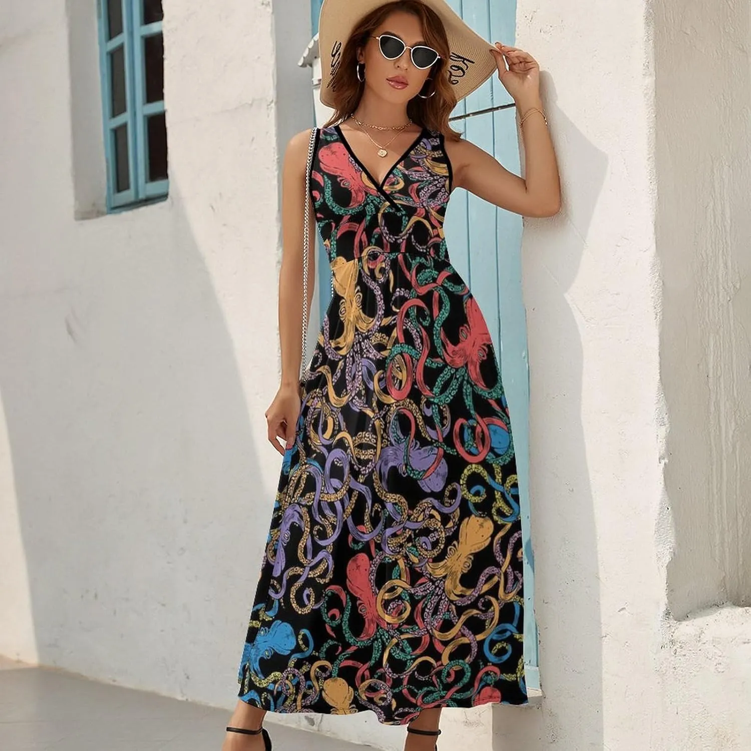 Women's Summer V Neck Sleeveless Bird Maxi Sundress Casual Flowy Beach Tank Dress