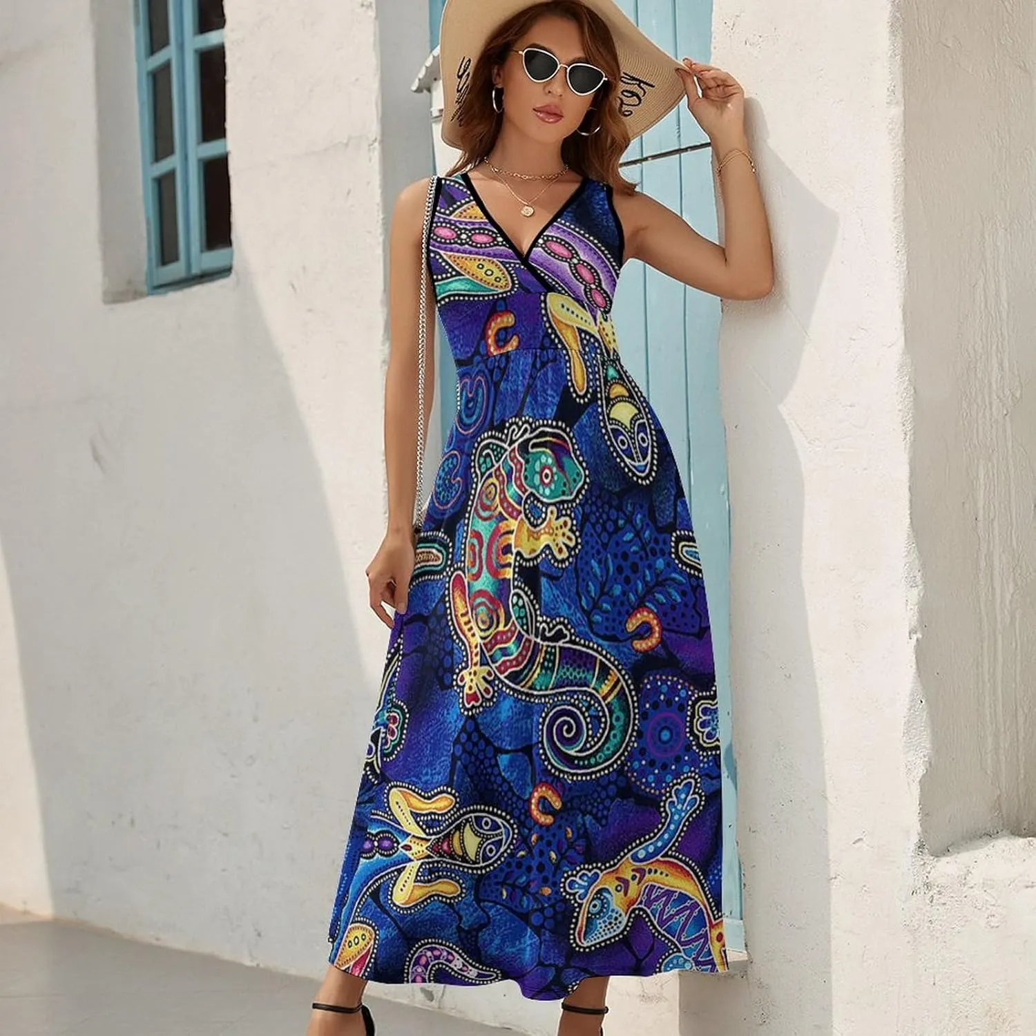 Women's Summer V Neck Sleeveless Bird Maxi Sundress Casual Flowy Beach Tank Dress
