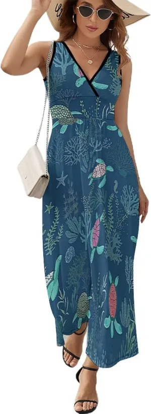 Women's Summer V Neck Sleeveless Flower Maxi Sundress Casual Flowy Beach Tank Dress